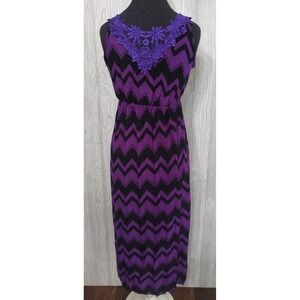 NWT V-Neck Lace Back Chevron Stretch Sundress Maxi Dress L Purple & Black #12